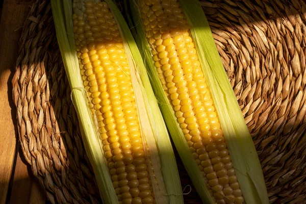 Uncooked Corn Cobs Close — Φωτογραφία Αρχείου