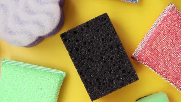 Washing Sponges Yellow Background Top View Rotate 360 Degrees — Wideo stockowe