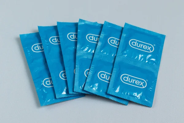 Lviv Ukraine August 2022 Durex Condoms Isolated Blue Background — Zdjęcie stockowe