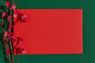 Red blank greeting card on green background. With wildflowers.