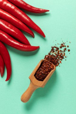 Red chili pepper. Fresh and dried spice. Top view.