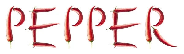 Word Pepper Laid Out Red Hot Chili Peppers Isolated White — Stock Photo, Image