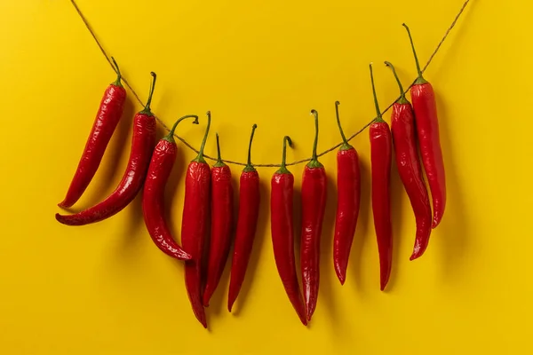 Красный Острый Перец Чили Сушат Нитке Желтом Фоне — стоковое фото