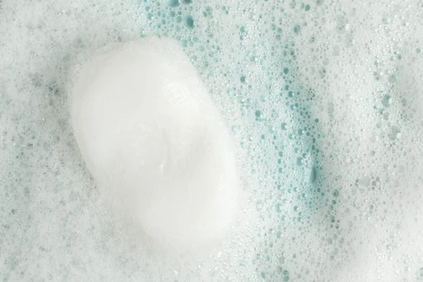 Bar Soap White Foam Blue Background Top View — Foto Stock
