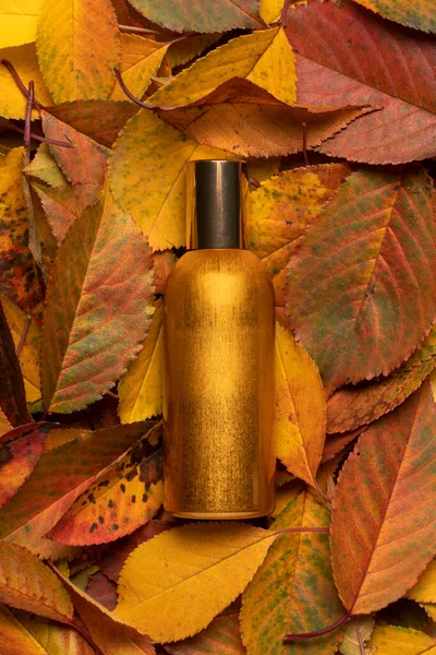 Golden perfume bottle in autumn red yellow leaves.