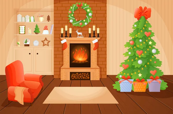Año Nuevo y Navidad interior. Sala de dibujos animados — Vector de stock