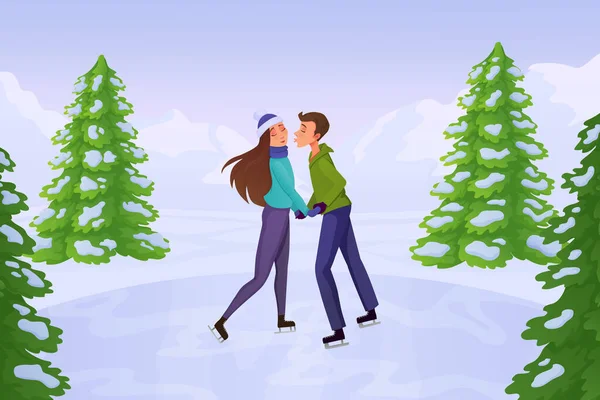 Pareja enamorada en una cita patinaje sobre hielo. Gente de dibujos animados Vector de stock