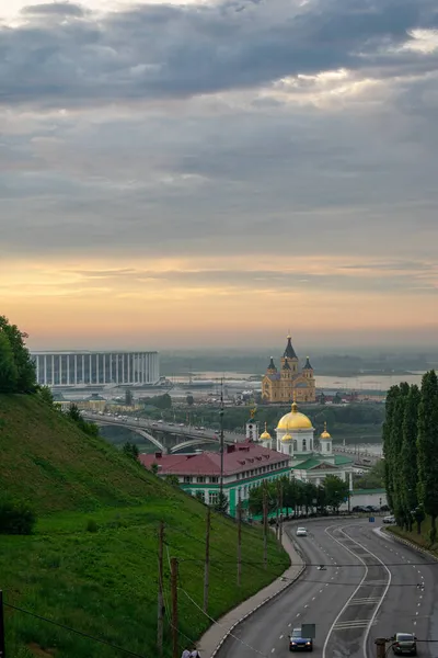 Panoráma Nyizsnyij Novgorod Naplementekor — Stock Fotó