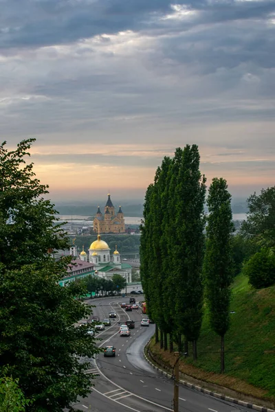 Panoráma Nyizsnyij Novgorod Naplementekor — Stock Fotó