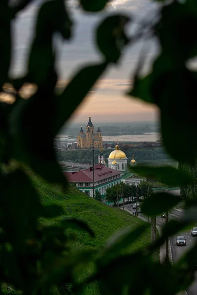 Panoráma Nyizsnyij Novgorod Naplementekor — Stock Fotó