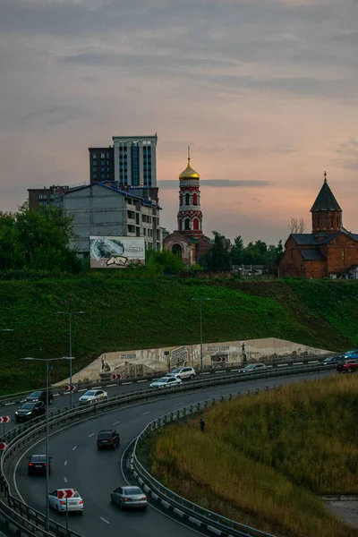 Panoráma Nyizsnyij Novgorod Naplementekor — Stock Fotó