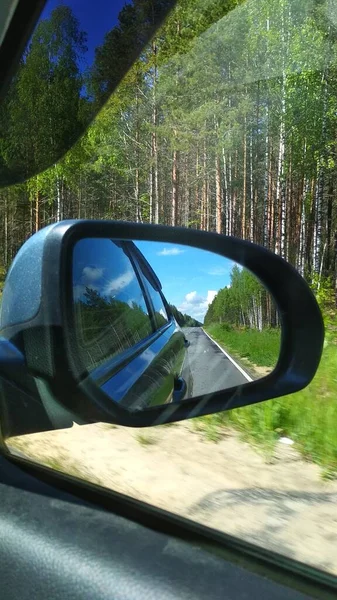 森や車の鏡の中の道を映し出し — ストック写真