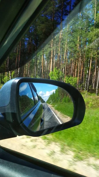 森や車の鏡の中の道を映し出し — ストック写真