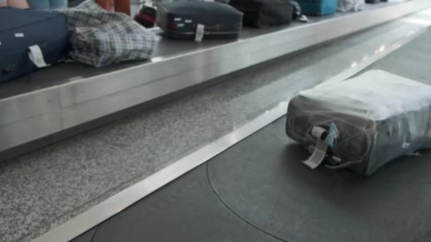 Bavulları havaalanına taşıyorum. Tiran havaalanı terminalinin taşıyıcı bandında hareket eden çeşitli bavulların yakın çekim görüntüleri. — Stok video
