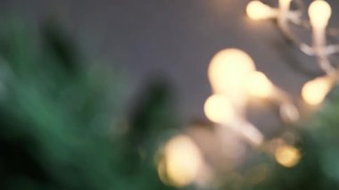 Noel şenliği arka planında çelenk var. Yanıp sönen Noel ampulleri göz kırpma hızını değiştiriyor.