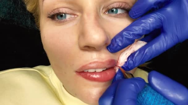 Esteticista femenina aplica maquillaje permanente en los labios — Vídeo de stock