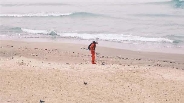 Uomo è alla ricerca di lussi persi con metal detector elettronico sulla spiaggia in una giornata nuvolosa caduta. Rallentatore, 4k — Video Stock