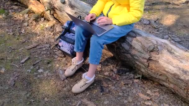 En kvinna använder en bärbar dator sittandes på en stock i skogen. Fjärrarbete eller fjärrstudier. En tjej i gul jacka och jeans trycker nåt på clasiaten. Långsamma rörelser, 4k — Stockvideo