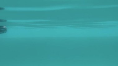 Sualtı 4k. Yüzme gözlüğü takan genç atletik bir adam havuzda sörf tahtası ile yüzüyor. Yüzücü turkuaz suya dalıyor. Spor ve spor kardiyo egzersizleri.