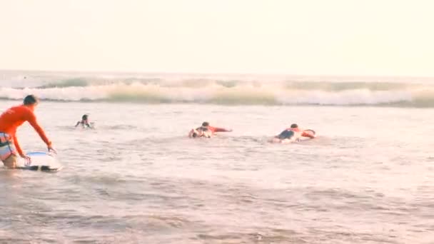 Grupo Surfistas Principiantes Nadan Contra Las Olas Océano Acostados Sus — Vídeos de Stock