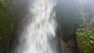 Çalkantılı suyla güçlü Sumampan şelalesine yakın çekim. Uçurumdan kristal berrak buzul akıntısı düşüyor. Aşağıdan bak. 4K Video. Ubud, Bali, Endonezya.