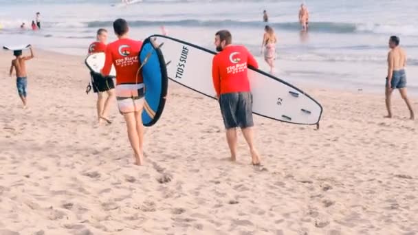 Gruppo Surfisti Cammina Lungo Spiaggia Portando Tavole Surf Verso Oceano — Video Stock