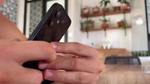 Man Using Iphone Smartphone Pressing Finger Reading Social Media Internet — Stock Video