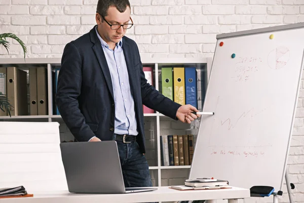 Businessman is giving an online presentation while having a video conference. Serious man in glasses and a jacket shows a development chart on a white board while in his office or home office.