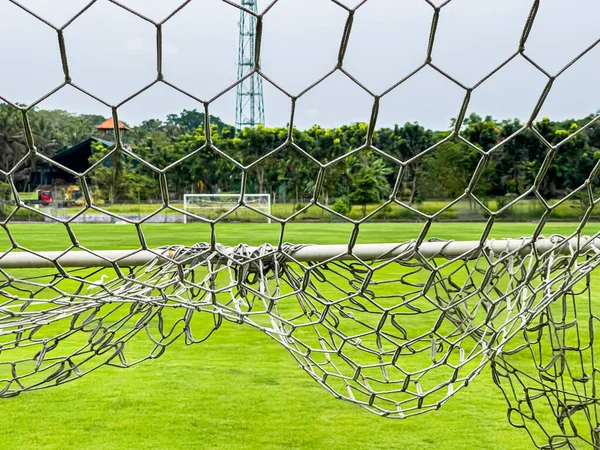 View through net of football goal onto large football field with green lawn, goal opposite and trees. Sports, team sports