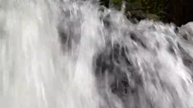 Yağmur ormanlarındaki kayalıklardan hızla akan çağlayan şelalenin yakın görüntüsü. Sumampan Şelalesi Bali, Endonezya 'da. 4K Video
