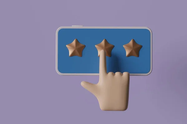 Customer Review Concepts Hand Pressing Smartphone Screen Gold Three Star — Foto de Stock