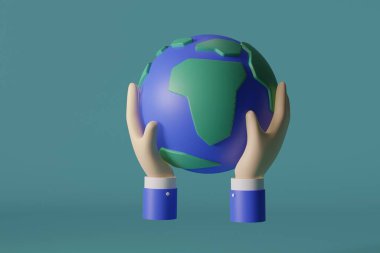 Dünya / Dünya Günü kavramını sürdürün: Mavi arka planda bir gezegeni tutan eller modeli. 