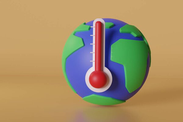 Global warming concept : Rising global temperatures. Earth model with thermometer on orange background.