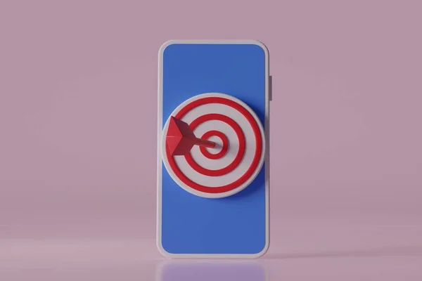 Цифровий Маркетинг Червона Стрілка Потрапила Центр Цілі Смартфоном Рожевому Фоні — стокове фото