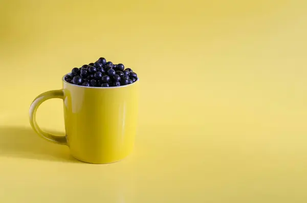 蓝莓在黄色的背景上呈黄色的圆形 深色浆果 色泽鲜艳 底色鲜艳 — 图库照片