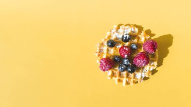 Sarı arka planda siyah ve kırmızı renkli farklı böğürtlenli waffle sert ışıktır. Renkli bir arkaplan kopyalama alanı üzerinde ev yapımı kekler çıtır çıtır waffle