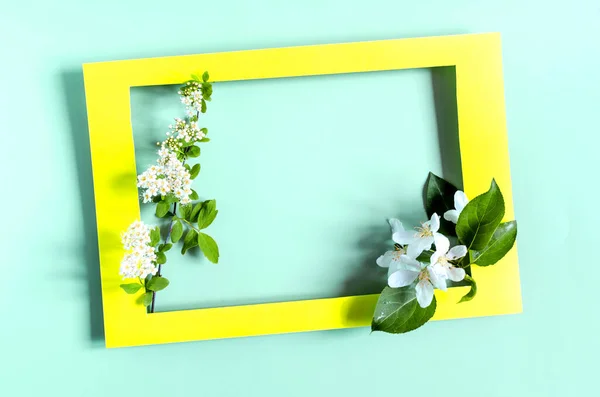 Yellow Cardboard Frame Decorated Bright White Flowers Green Leaves Colored — Stock Photo, Image