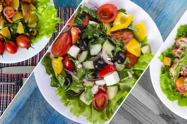 Collage Different Salads Salads Greens Vegetables Natural Backgrounds —  Fotos de Stock