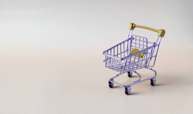 Hafif arka planda boş bir metal alışveriş sepeti, alışveriş ve tüketici sepeti kavramıdır..