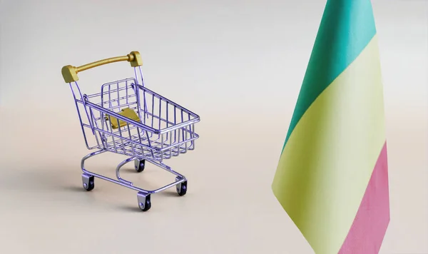 Egy Üres Fém Bevásárlókosár Mali Köztársaság Zászlója Könnyű Háttérrel Fogyasztói — Stock Fotó