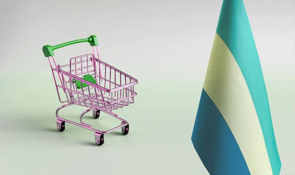 Egy Üres Fém Bevásárlókosár Gaboni Köztársaság Zászlója Könnyű Háttérrel Fogyasztás — Stock Fotó