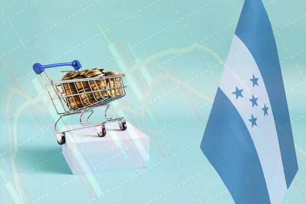 Cestino Metallo Pieno Monete Bandiera Dell Honduras Podio Blu Grafico — Foto Stock