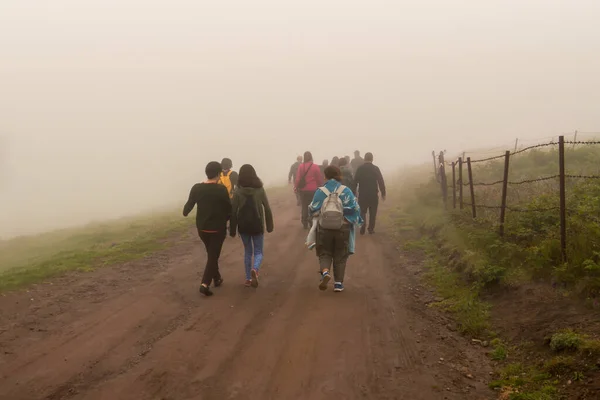 Mültecilerin soğuk bir günde sisli bir havada sınıra yürüdüğünü gördüm.