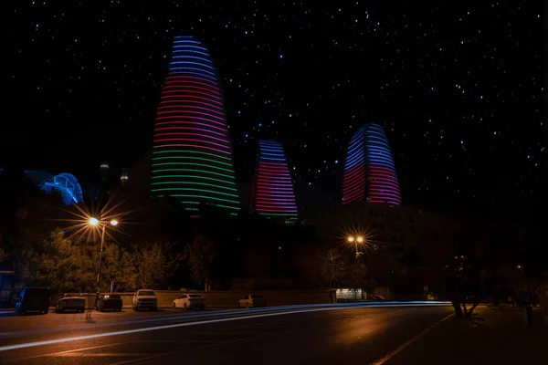 Baku Ázerbájdžán Ledna 2022 Panoramatický Pohled Město Noci Dlouhou Expozicí — Stock fotografie