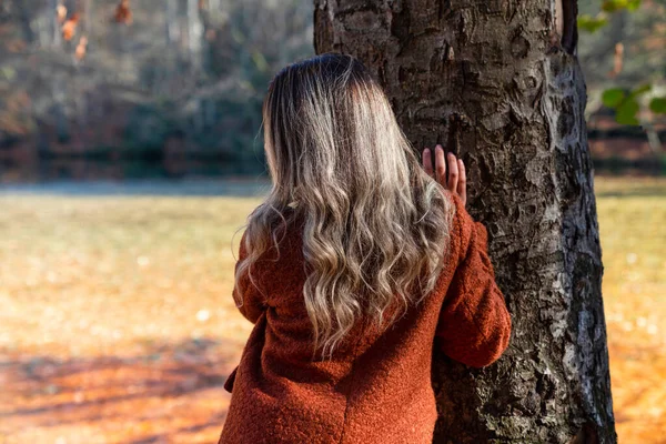 Back view of woman in brown coat leaning on tree trunk in Sevenlakes national park (Yedigoller milli parki), Bolu, Turkey