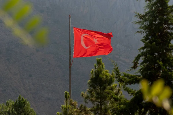 Enorme Bandiera Turca Sventola Tra Gli Alberi Kemaliye Egin Erzincan — Foto Stock