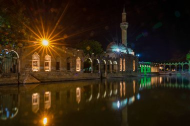 Sanli Urfa, Türkiye: 12 Eylül 2020: Halil-ur Rahman Camisi ve geceleyin Golbasi Parkı 'ndaki Kutsal Göl