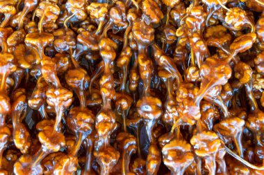 Cevizli sucuk üzümlü pekmez karışımına cevizli bir ip batırarak yapılır. Doku arkaplanı olarak Cevizli sucuk.