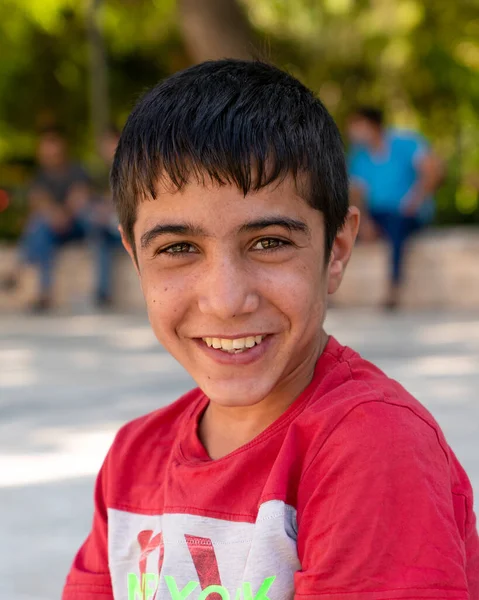 Sanli Urfa, Türkiye: 12 Eylül 2020: Genç Türk çocuk dışarıda yeşil bokeh ile.