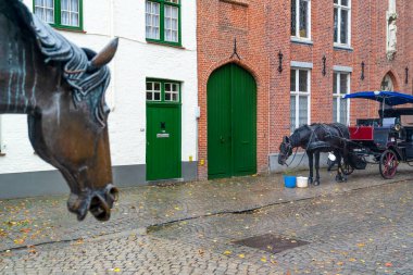 Belçika 'nın Bruges şehrinin tarihi merkezinde turistlerle dolu at arabası ve atlar için çeşme. Seçici bir odak noktası..